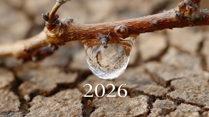 Close-up of cracked dry soil with a single water droplet hanging from a branch, symbolizing drought, climate crisis, and water scarcity in 2026