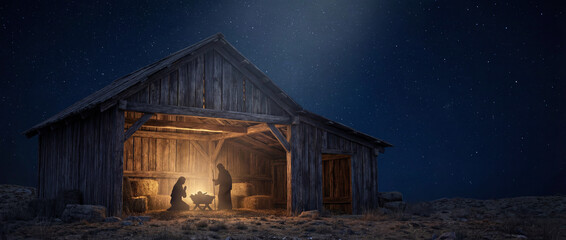 Wooden Stable Under Dark Blue Starry Night, Nativity Birth of Jesus Scene