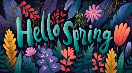 Bright festive spring illustration with colorful stylized flowers and leaves, playful green typography "Hello Spring"