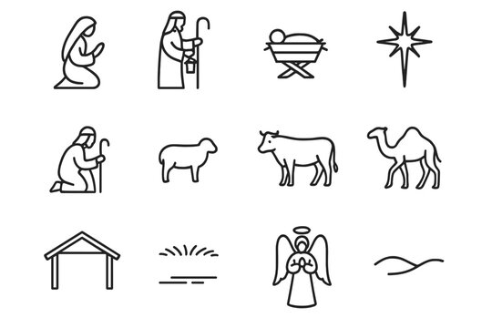 Nativity Scene Icons. Christmas nativity scene silhouette. Line outline icon set of Christmas nativity scene