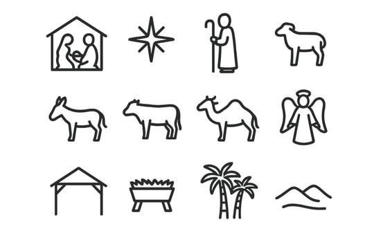 Nativity Icon Silhouettes. Christmas nativity scene silhouette. Line outline icon set of Christmas nativity