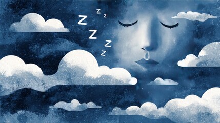 Dreamy sleep illustration with stylized peaceful face, closed eyes, floating Z letters, and soft clouds on textured dark blue sky background
