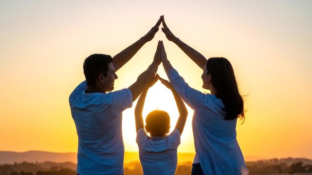 Family forms a roof with hands against a sunset backdrop, symbolizing protection and unity