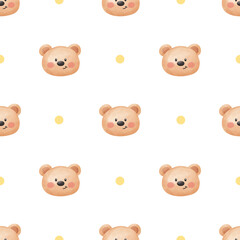 Seamless Watercolor Cute Teddy Bear Head and Red Heart Pattern: Baby Animal Love Background for Kids.
