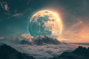 A large glowing moon rises over a mountain range with clouds and stars in the background