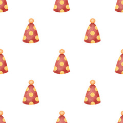 Seamless Watercolor Red Party Hat Pattern: Festive Birthday Celebration Background with Yellow Polka Dots.