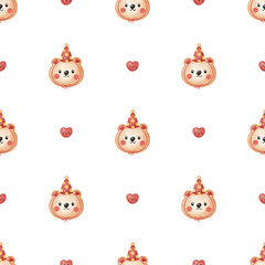 Seamless Watercolor Cute Teddy Bear Head with Party Hat Pattern: Birthday and Celebration Background for Kids.