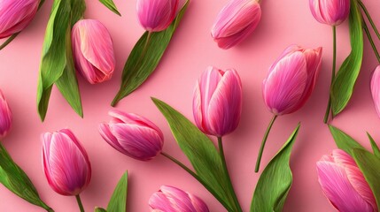 Fototapeta premium Bouquet of Pink Tulips with Green Leaves on Solid Pastel Background for Spring Floral Design, Nature Concepts, and Decorative Visual Projects