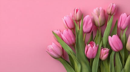Fototapeta premium Bouquet of Pink Tulips with Green Leaves on Solid Pastel Background for Spring Floral Design, Nature Concepts, and Decorative Visual Projects