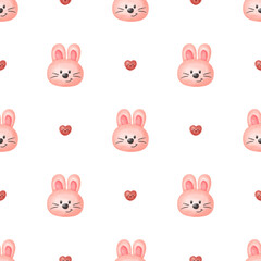 Seamless Watercolor Cute Pink Bunny Head Pattern: Baby Rabbit Character for Nursery Decor.