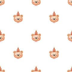 Seamless Watercolor Cute Teddy Bear Head with Party Hat Pattern: Birthday and Celebration Background for Kids.