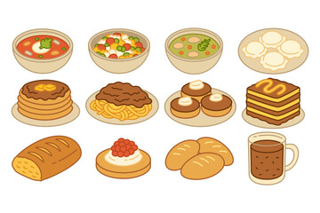 vegetable soup, bean salad, dim sum, pancake with butter, spaghetti, donut with cream, cake layered, bread, pancake with cherry, bun, hot choco cartoon vector icon element design set for restaurant