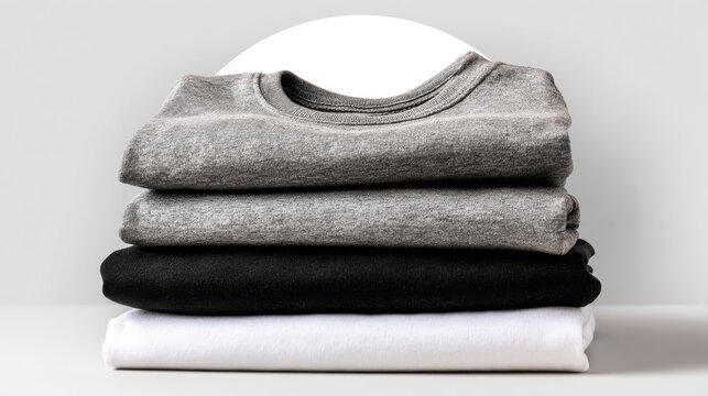 Stack of neatly folded t shirts in gradient shades of black gray and white arranged on rustic wooden surface with soft blurred background for fashion retail design