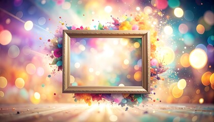 A golden, empty frame floats amidst a vibrant explosion of color and light. Bokeh circles enhance the ethereal background