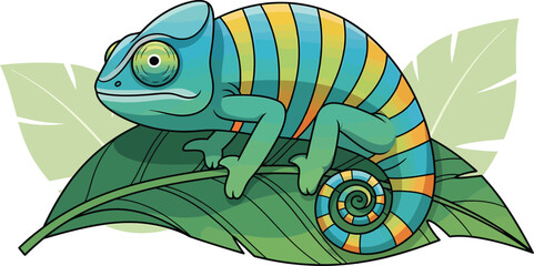 Fototapeta premium Vibrant Chameleon on Green Leafy Branch in Tropical Jungle Habitat