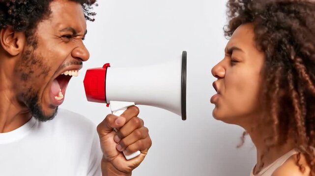 A man uses a megaphone toward a woman, both yelling in anger