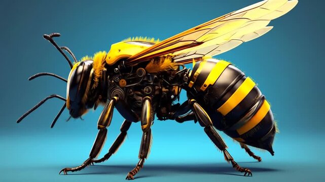 A detailed image of a robotic bee with intricate mechanical parts and realistic insect features