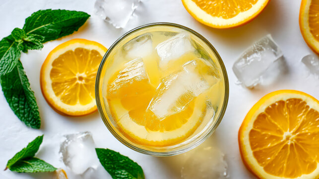 Bright citrus lemonade top view shows lemonade with ice and orange slices in clear glass, lemonade styled with mint leaves and melting cubes on white background for fresh summer vibe, clean flat lay