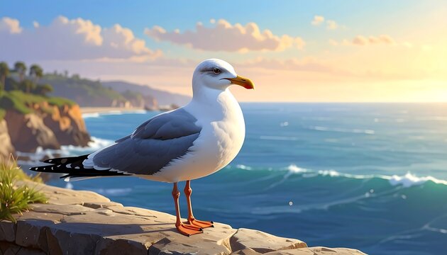 A serene seagull stands on a stone wall, overlooking a sunlit ocean and coastal landscape under a bright, clear sky - Powered by Adobe
