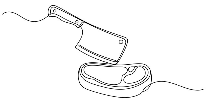 Vintage engraving of butcher's cleaver and steak  continuous one line drawing,  self drawing of One line of butcher knife. Abstract minimal continuous line. Grilled beef steak tender.