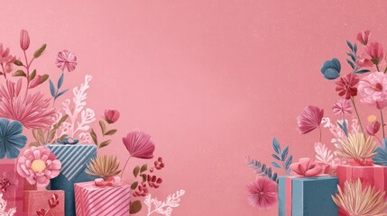 Pink background with decorative flowers and colorful wrapped gift boxes arranged in festive composition for celebration design suitable for greeting cards and invitations