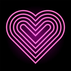 Vibrant pink neon heart graphic with lines glowing on dark background. Love symbol. Vector illustration used for retro themed designs, wedding event, valentine decor.