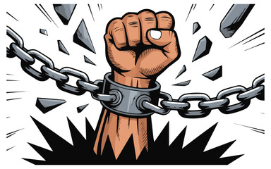 Empowered fist breaking free from chains symbolizing freedom and strength