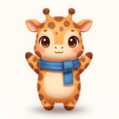 Fototapeta premium Charming and adorable cartoon baby giraffe illustration, wearing a cozy blue scarf, rendered with delightful digital artistry, ideal for playful designs and children's content