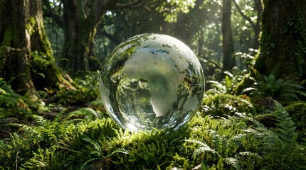 Crystal,glass,globe,representing,earth,placed,on,lush,green,moss,in,sunny,forest,background,concept,for,environmental,protection,sustainability,ecology,global,nature,conservation,green,planet