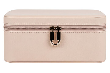 Closed light pink leather jewelry storage box with zipper lock isolated on a transparent background
