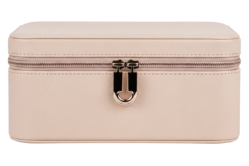 Closed light pink leather jewelry storage box with zipper lock isolated on a transparent background
