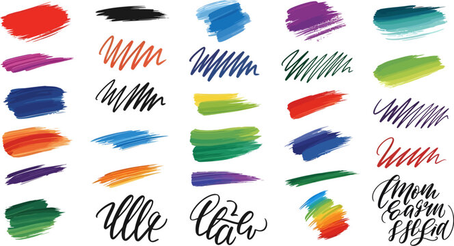 Set of colorful hand drawn paint brush strokes, swatches, scribbles, and calligraphy elements
