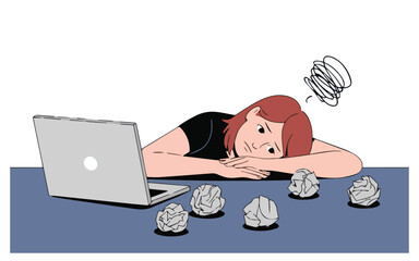 Overwhelmed businesswoman struggling with writer's block at her desk
