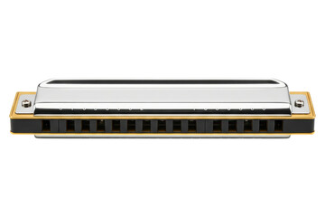 Shiny silver and gold metal diatonic harmonica music instrument isolated on a transparent background