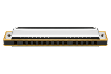 Shiny silver and gold metal diatonic harmonica music instrument isolated on a transparent background