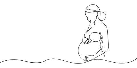 Beautiful pregnant Woman in one continuous line drawing. Healthy pregnancy and birth baby symbol in simple linear style. Concept for Happy Mother day banner. Editable stroke. Vector illustration