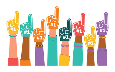 Diverse group of people showing number one hand sign in unity