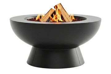 Modern black round outdoor fire pit bowl with burning wood logs isolated on a transparent background