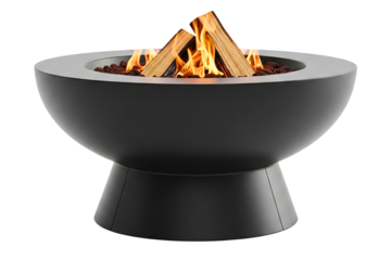 Modern black round outdoor fire pit bowl with burning wood logs isolated on a transparent background