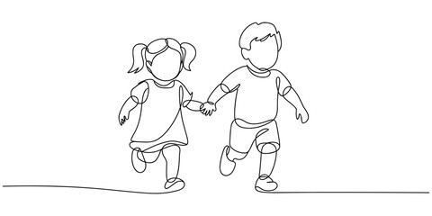 one continuous single line drawing of a toddler girl and boy running hand in hand illustration. 