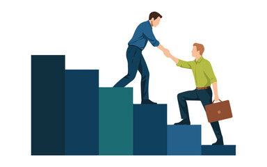 Businessman helping colleague climb career success ladder together