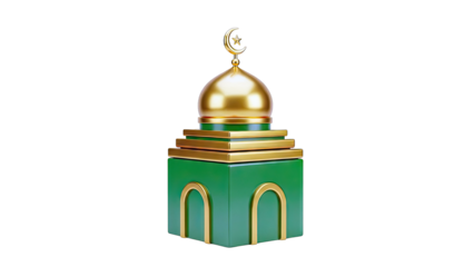 Green and Gold Islamic Mosque Miniature with Crescent Moon and Star