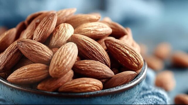 A close-up of almonds in a rustic bowl, showcasing their texture.