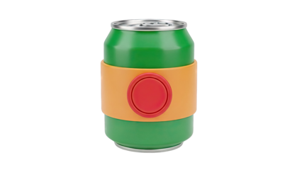 Green soda can with orange sleeve and red button