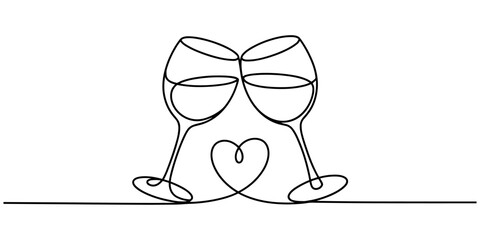 Minimalist one line drawing of two wine glasses clinking in toast forming heart. Perfect for wedding invitations, Valentine&rsquo;s Day, romantic design
