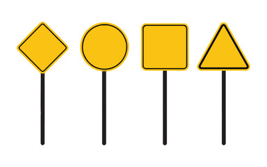 Yellow road signs on black posts for traffic guidance