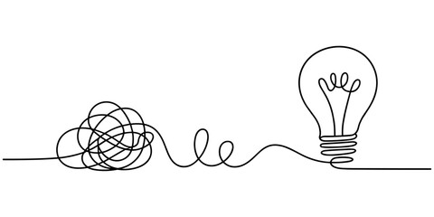 unraveling to glowing light bulb animation continuous one line drawing, Animated One continuous line drawing of tangled and scribble wires with light bulbs. Concept of complex problem solving process