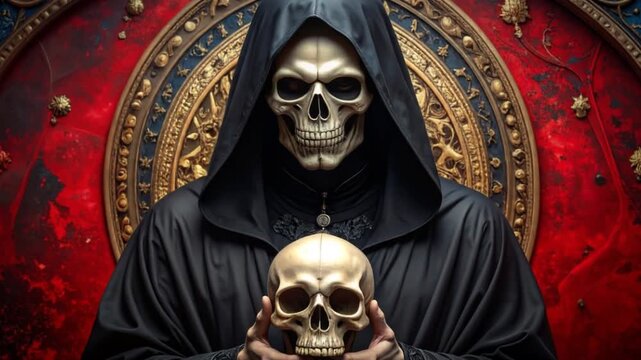Grim reaper figure in a dark hooded robe holding a skull, red ornate backdrop