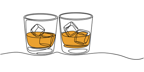 Whiskies and ice, Scotch on the rocks in glasses. Whiskey and soda, Continuous one line drawing vector illustration., Whiskey glass with ice cubes isolated on white background in a minimalist one line
