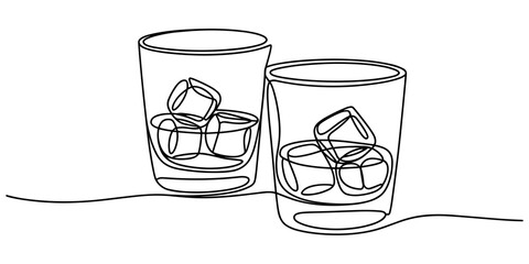 Whiskies and ice, Scotch on the rocks in glasses. Whiskey and soda, Continuous one line drawing vector illustration., Whiskey glass with ice cubes isolated on white background in a minimalist one line